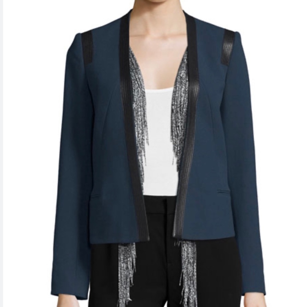 Foundrae Blue Cotton Lamb Leather Trim Silk Lining Jacket Size 2